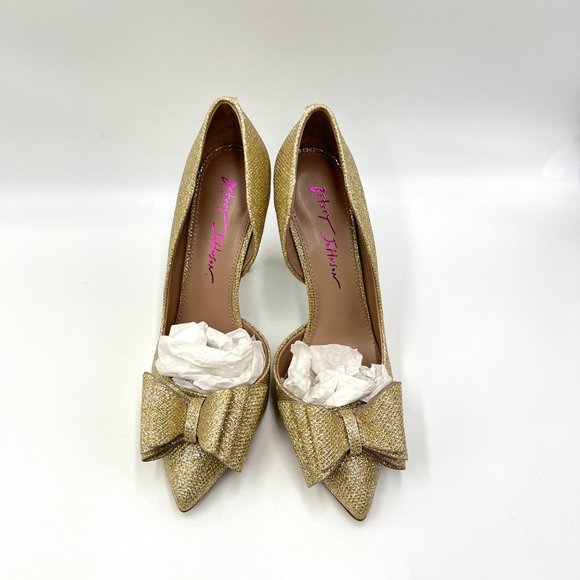 Betsey Johnson Womens Size 6.5 Gold Bow Pointed Stiletto Dress Heels Pumps Shoes - Picture 3 of 12